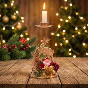 Bougeoir de Noël modèle Père Noël en fer doré avec figurine Père Noël et bougie allumée