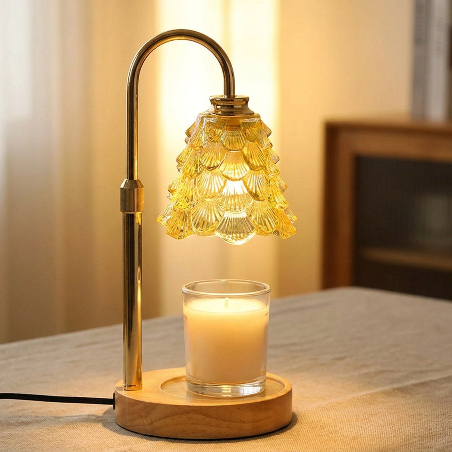 Lampe chauffe-bougie avec abat-jour en verre jaune