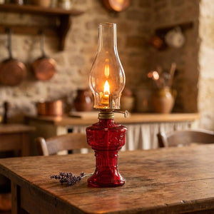 Lampe à pétrole rouge sur table de ferme provençale avec murs en pierre