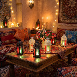 Lanternes marocaines noires et blanches verre coloré ambiance salon marocain