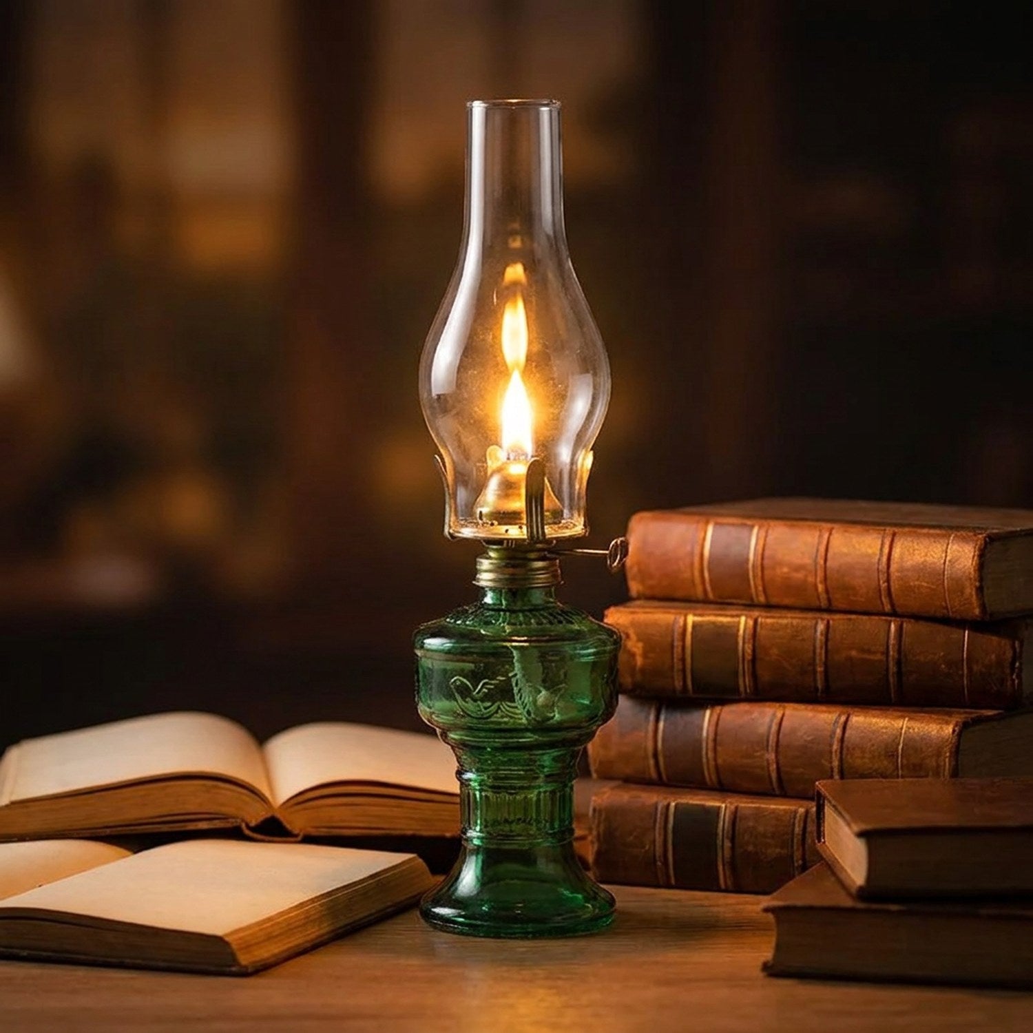 Lampe à pétrole verte sur bureau de lecture avec livres anciens
