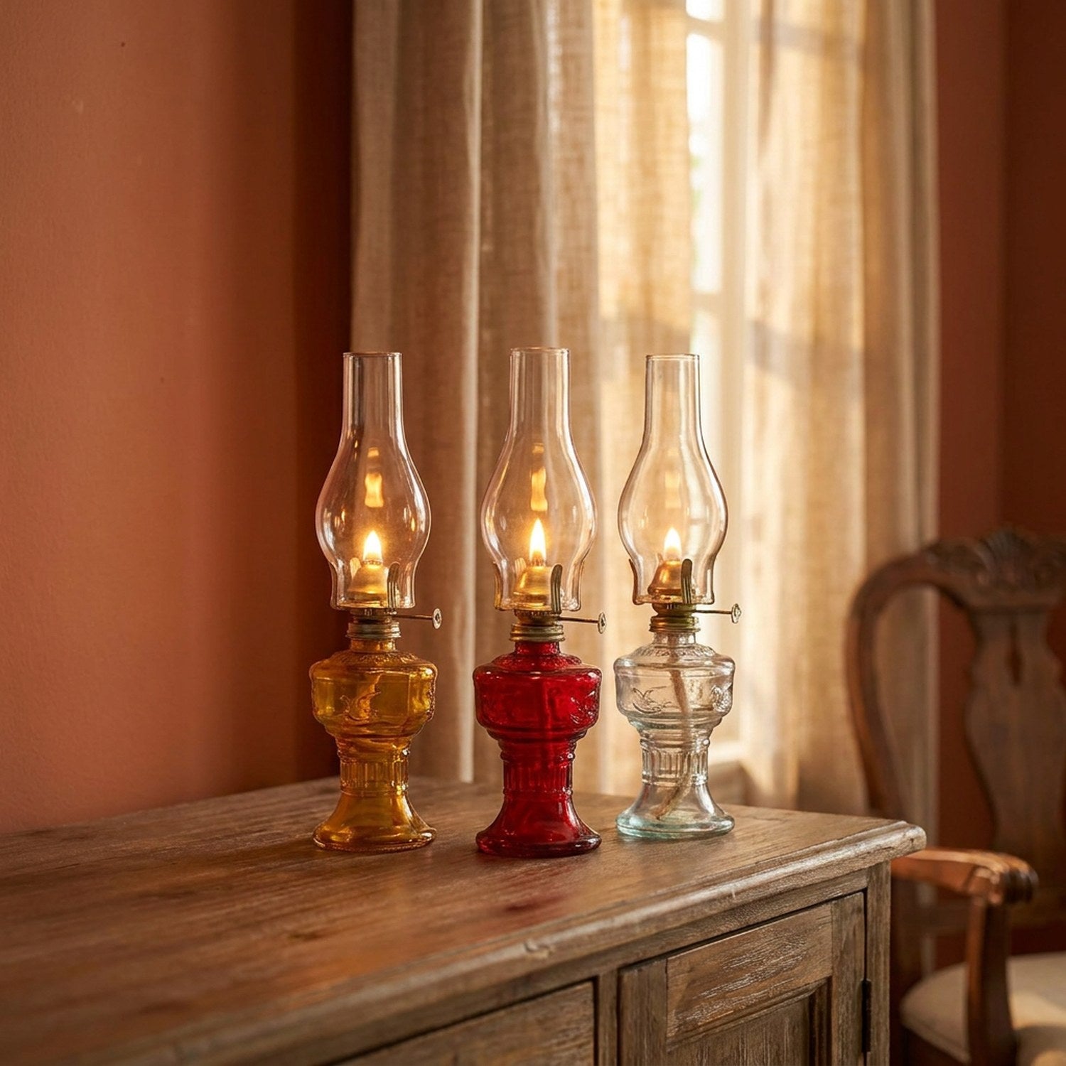Trois lampes à pétrole ambre rouge et transparent sur buffet provençal