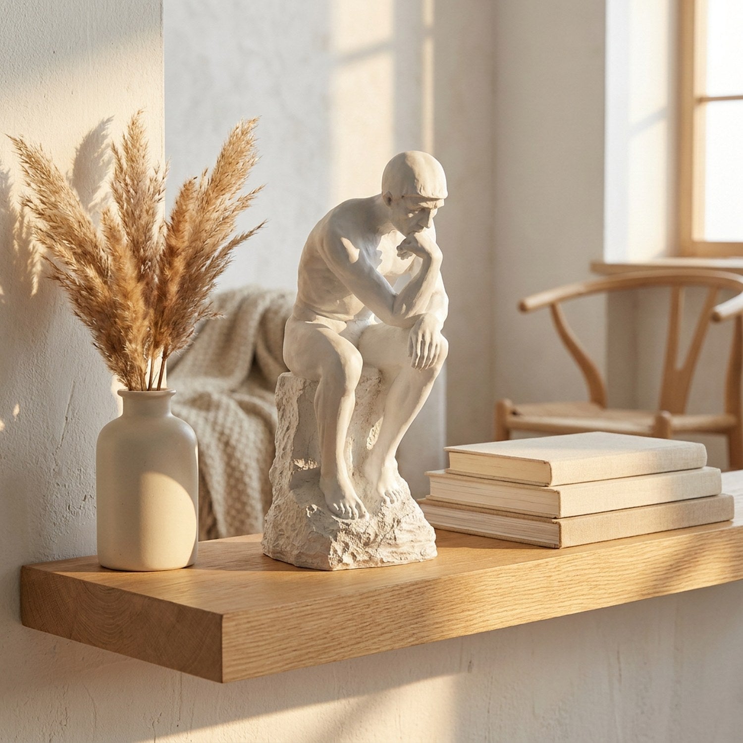 Statue penseur de Rodin blanche posée sur une étagère flottante en bois avec herbes de la pampa et livres