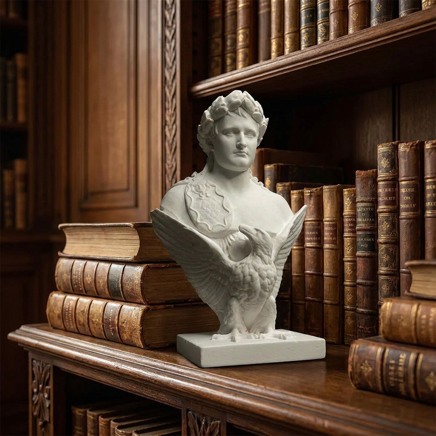 Buste Napoléon blanc avec aigle impérial posé sur une bibliothèque classique française