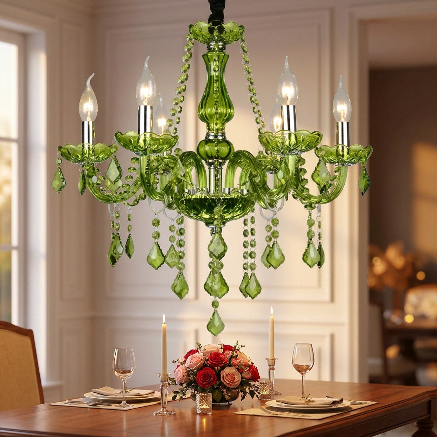 Lustre en cristal vert allumé au-dessus d'une table à manger dressée
