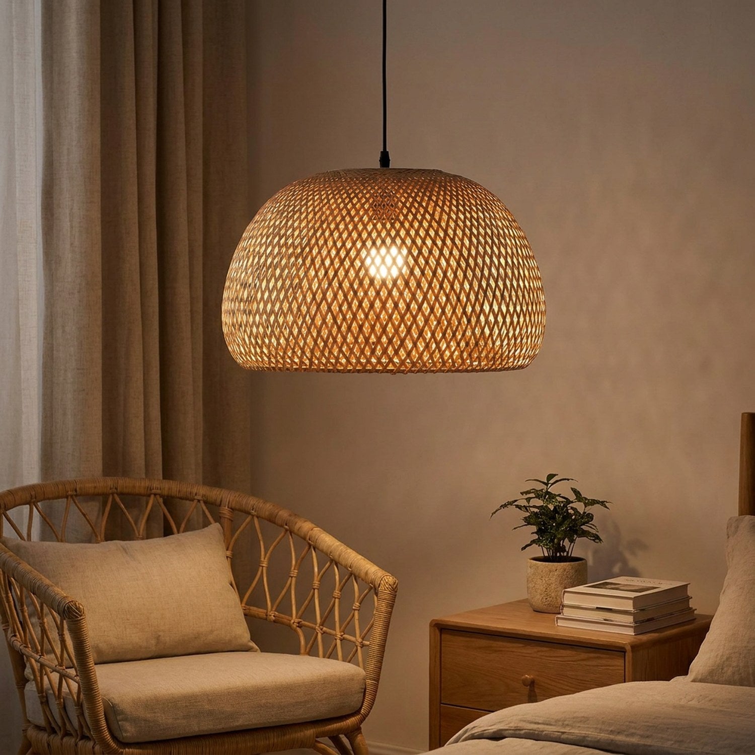Suspension bambou dans une chambre avec fauteuil rotin lumière tamisée