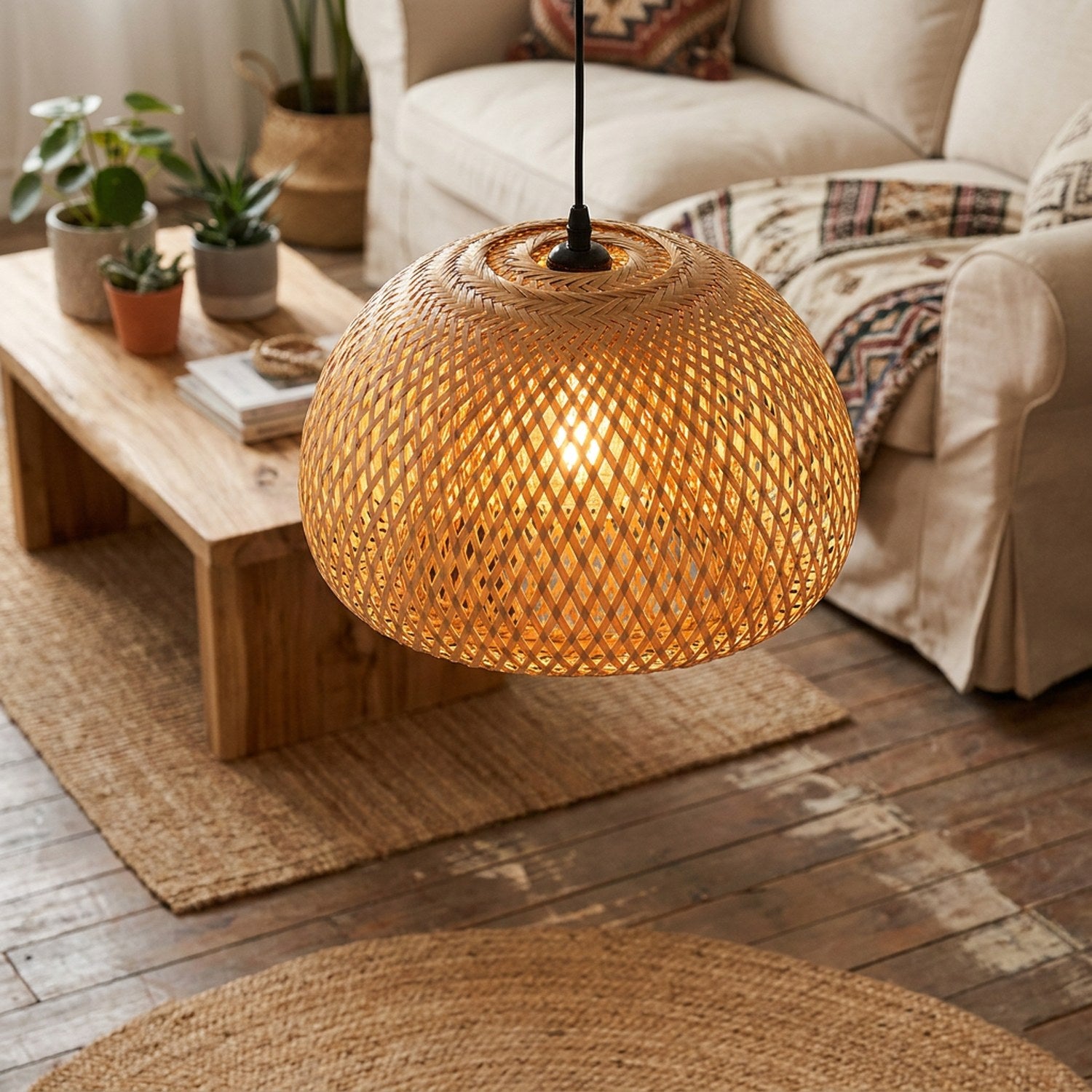 Suspension bambou dans un salon bohème plantes lumière douce
