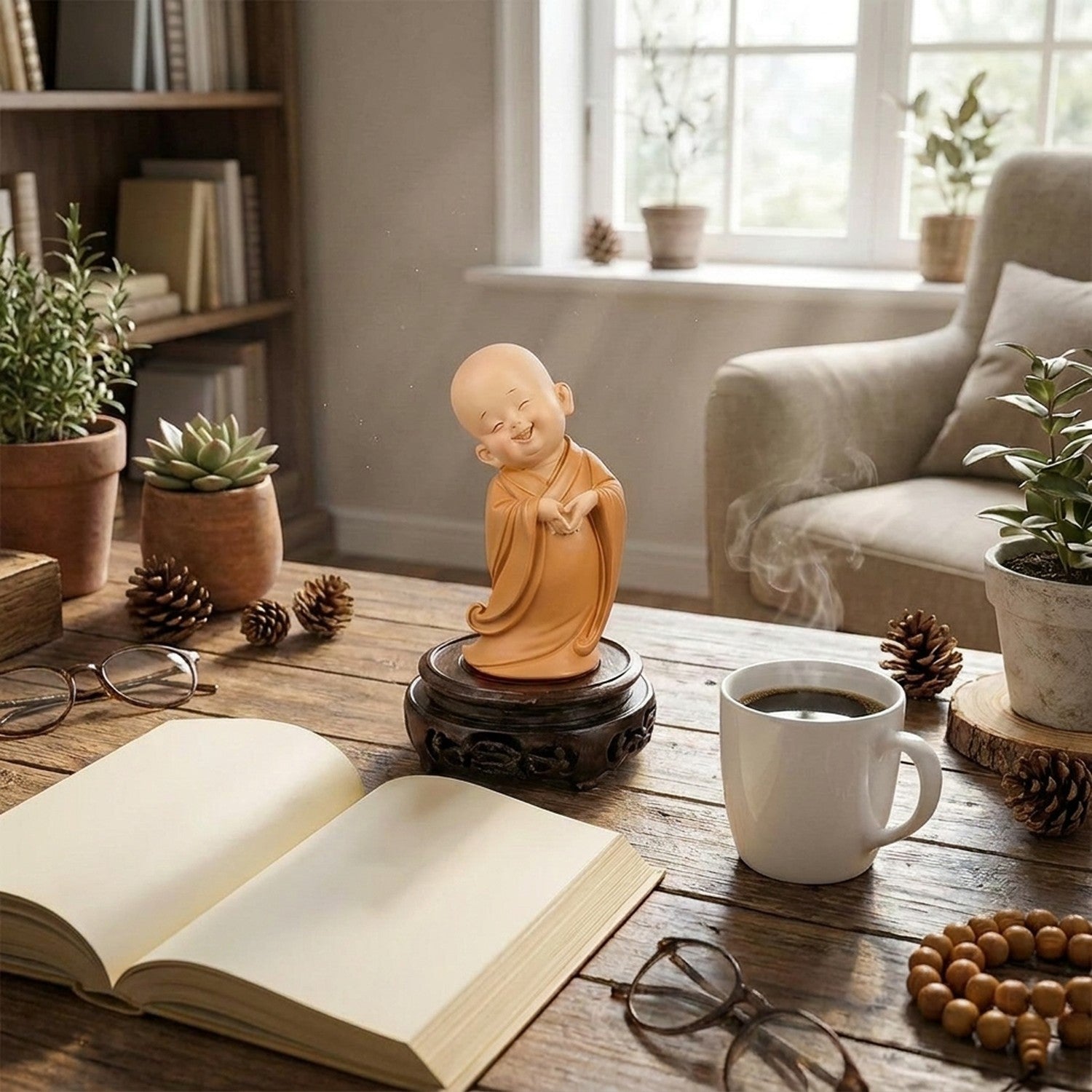 Statuette de moine bouddhiste souriant sur bureau avec livre et mug blanc ambiance cosy