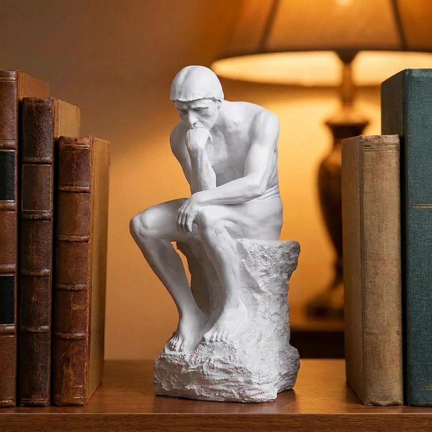 Statue du Penseur de Rodin en résine blanche sur une étagère en bois avec livres et lampe ambre