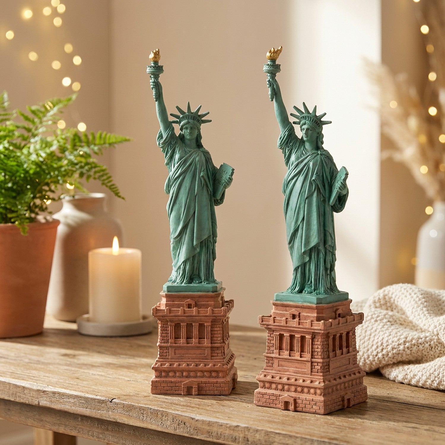Lot de 2 statuettes de la Liberté en résine verte - ornement décoratif