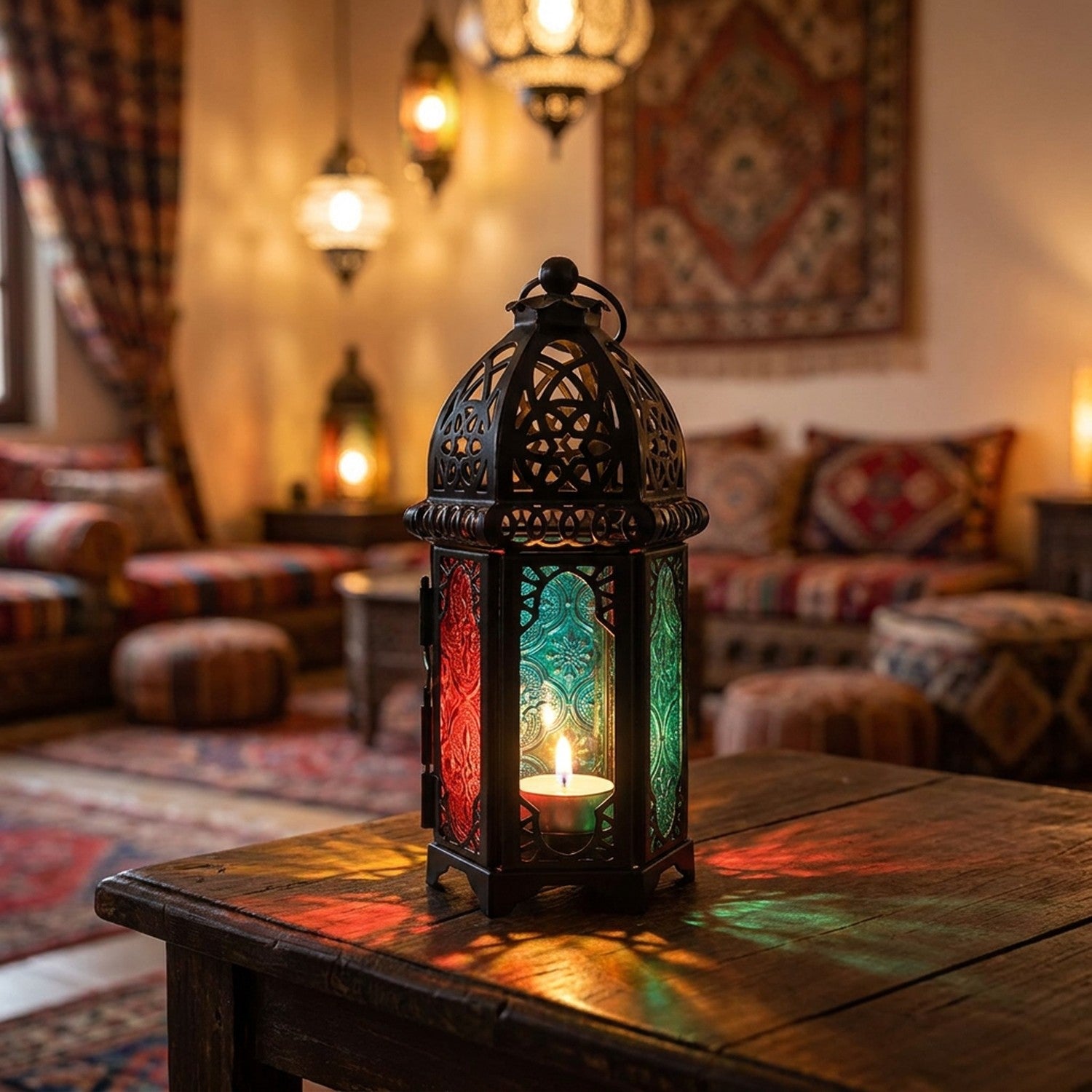 Lanterne marocaine métal ajouré verre coloré bougie allumée salon oriental