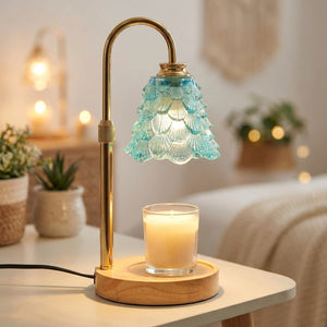 Lampe chauffe-bougie avec abat-jour en verre turquoise