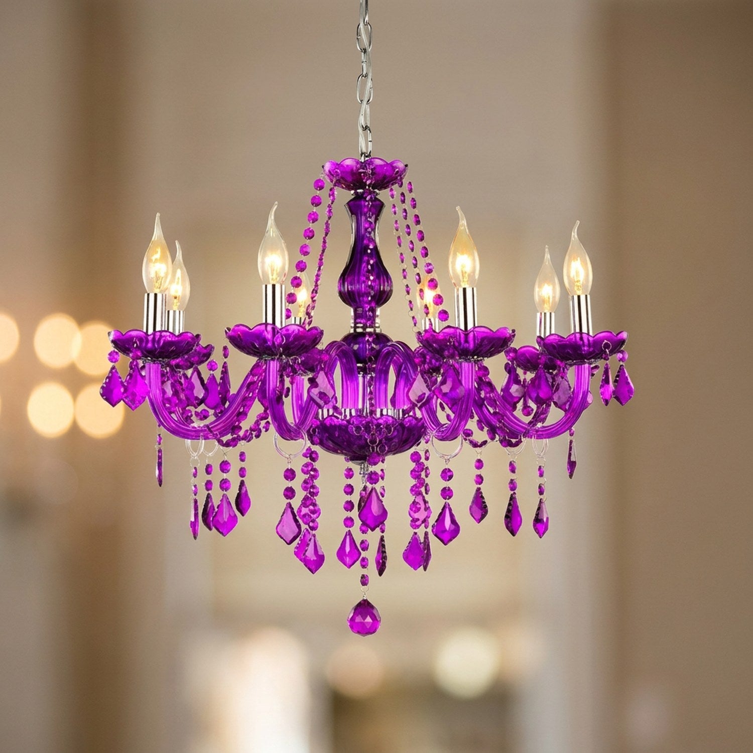 Lustre cristal violet sans abat-jour gros plan