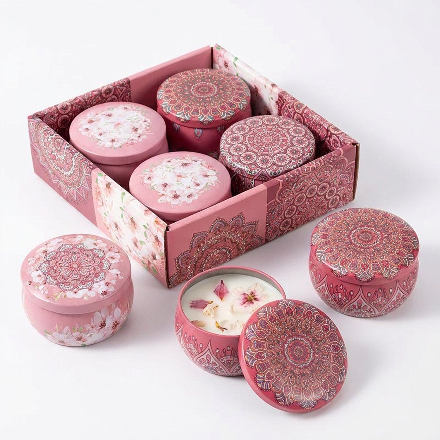 Coffret assortiment A bougies mandala tons roses fond blanc