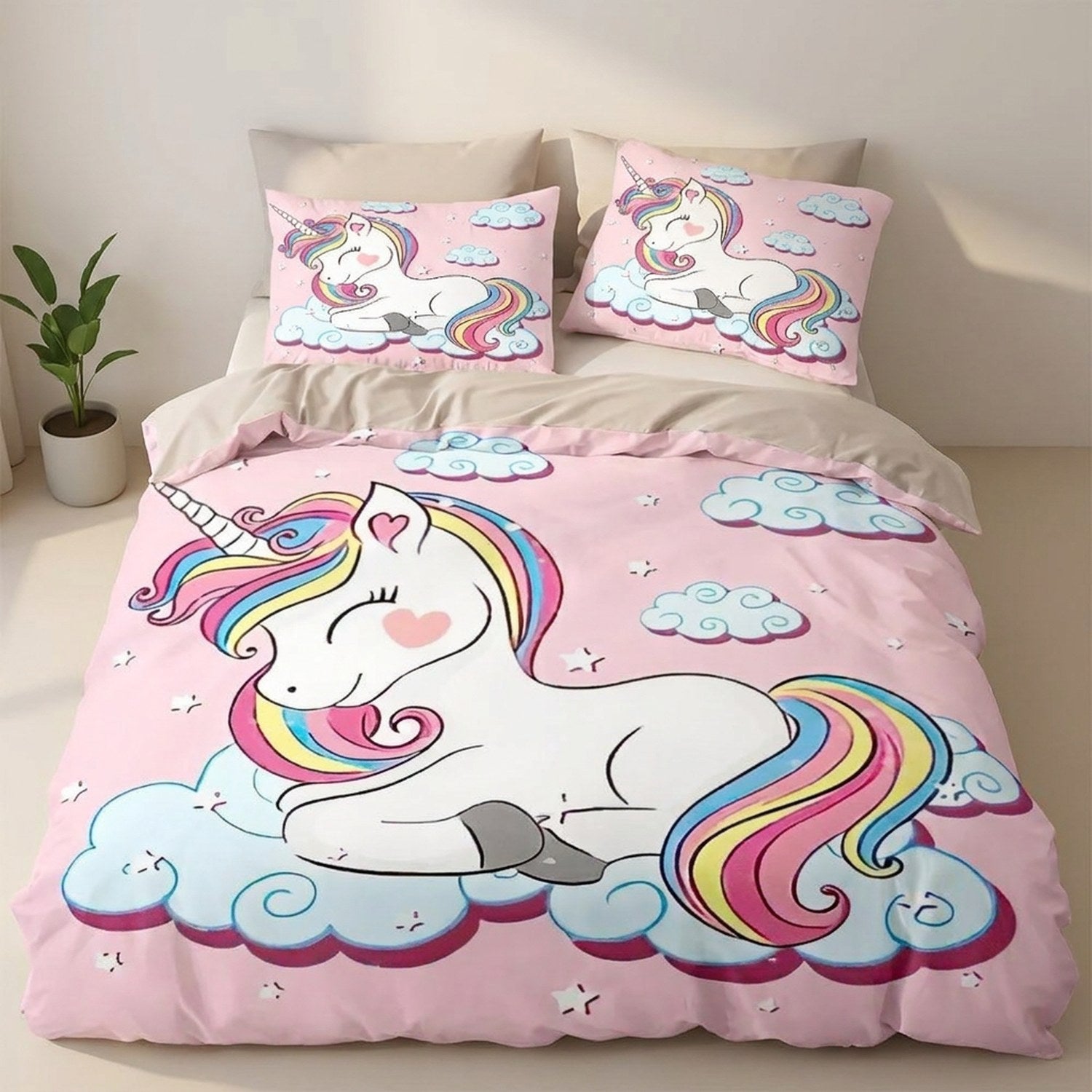 Housse de couette licorne endormie sur nuage avec taies assorties
