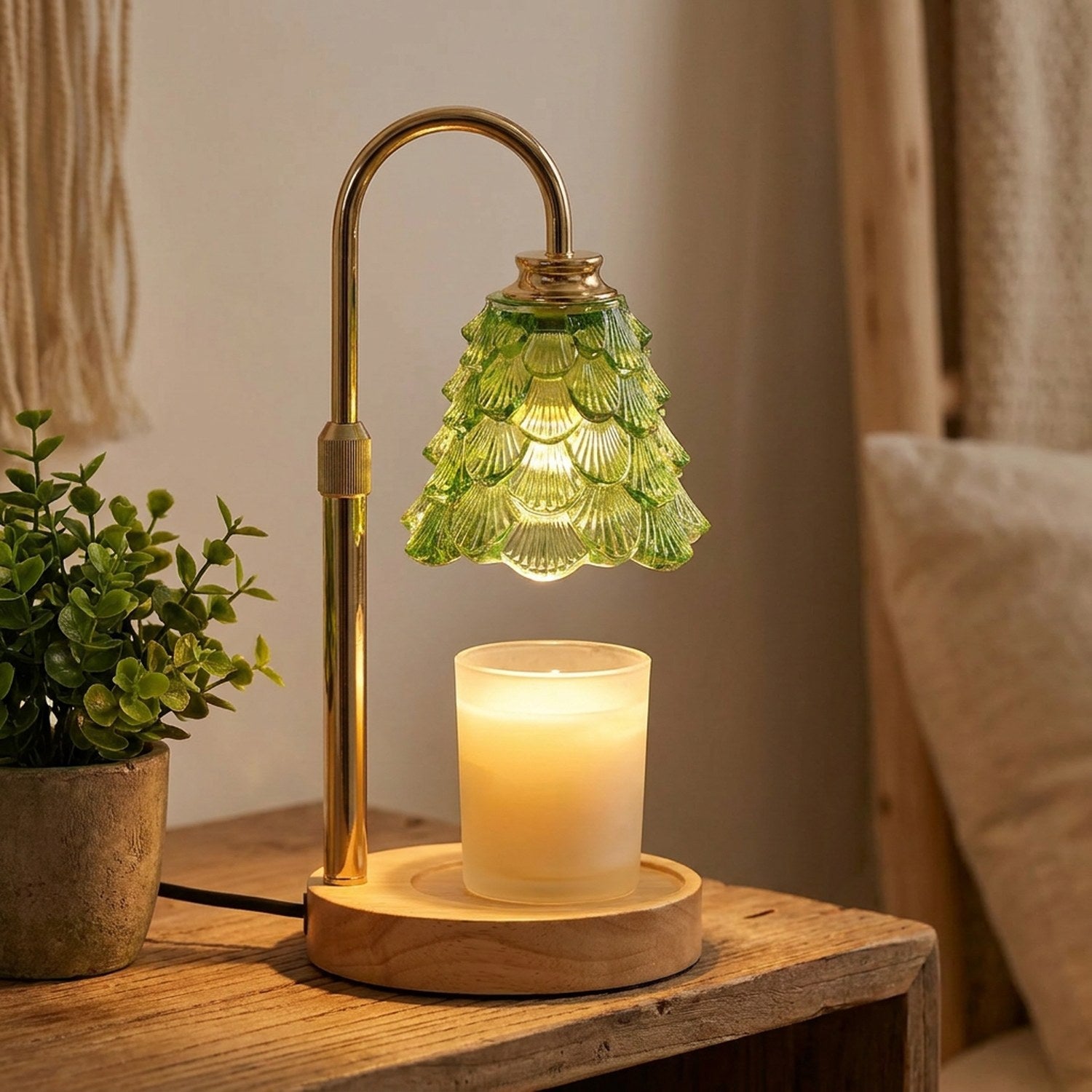 Lampe chauffe-bougie avec abat-jour en verre vert
