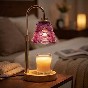 Lampe chauffe-bougie avec abat-jour en verre violet