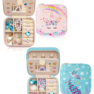 Boîte à bijoux licorne et sirène variantes rose et bleue ouvertes et fermées