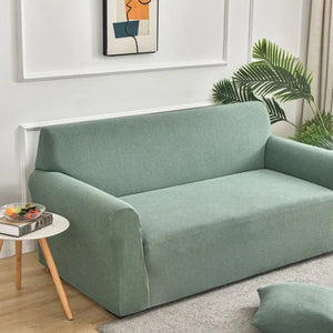 Housse de canapé en velours vert sauge dans un salon avec plante verte