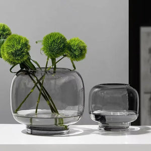 Vase bulle gris avec boules de fleurs vertes - duo de tailles