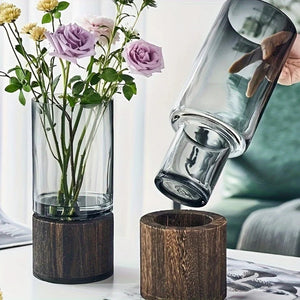 Vase détachable de sa base en bois, verre cylindrique transparent
