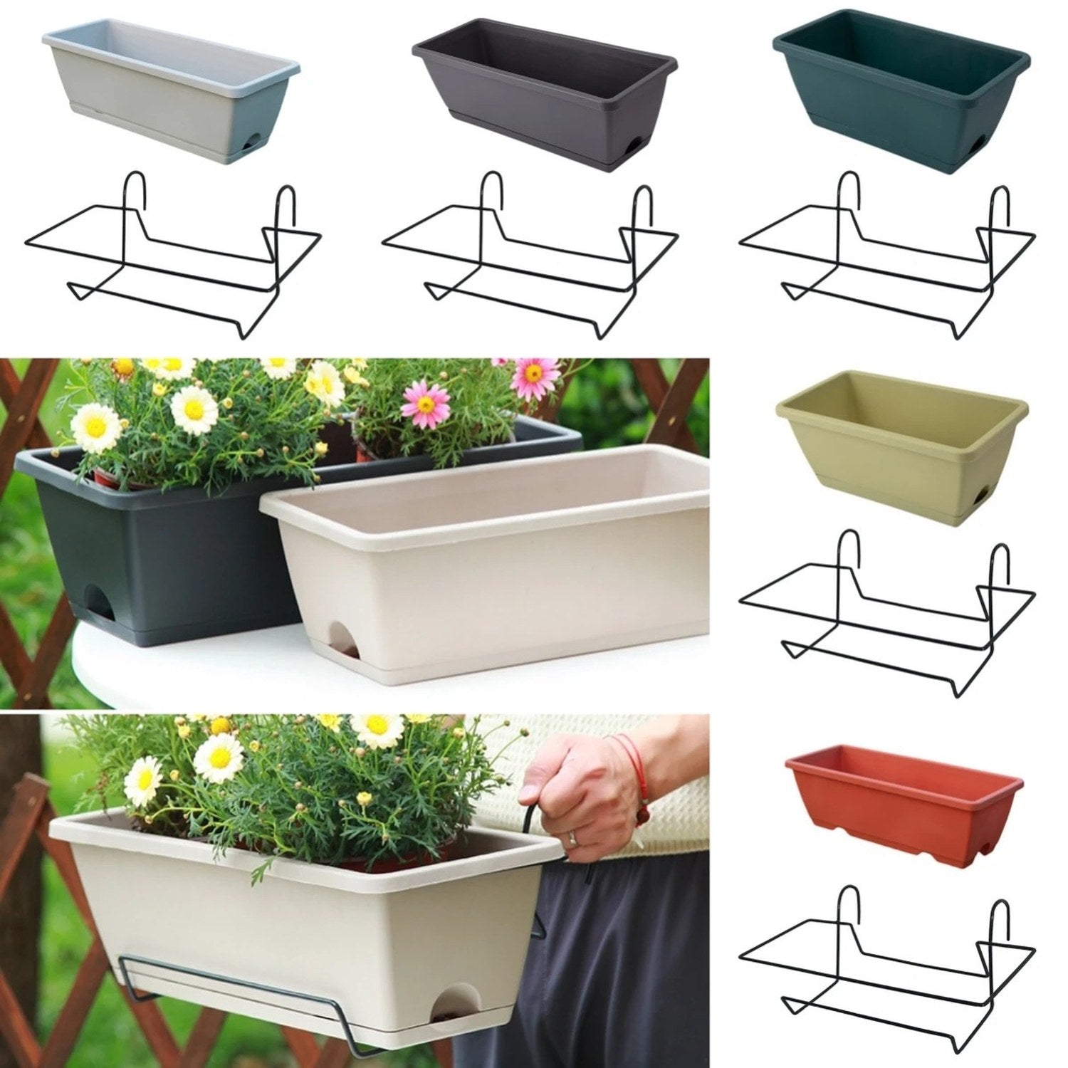Jardinière de balcon suspendue avec plateau amovible et support - vue 0