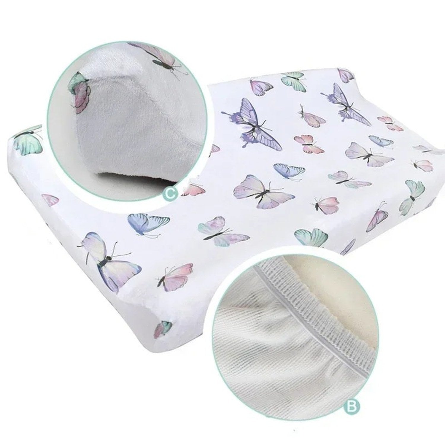 Photo réelle de la housse de matelas à langer motif papillons pastel
