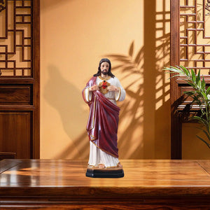 Statue Sacré-Cœur de Jésus en résine sur meuble bois décoration intérieur