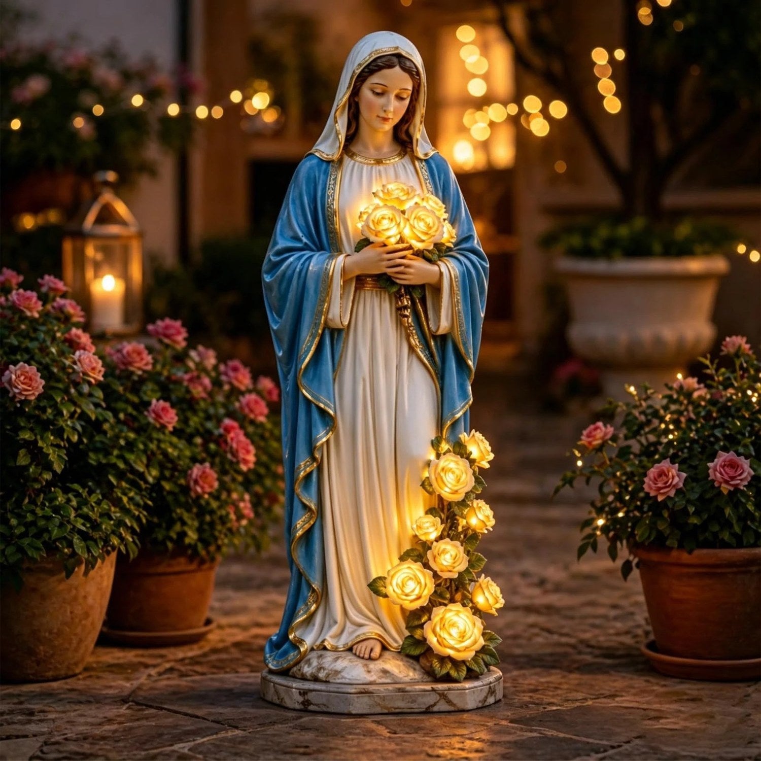 Statue de la Vierge Marie dans un jardin de nuit avec roses et lumières de guirlande en arrière-plan