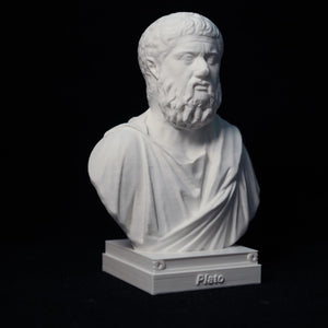 Vue 3/4 du buste de Platon blanc en PLA sur fond noir