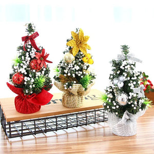 Trois mini sapins de Noël 20cm sur présentoir, trois coloris festifs