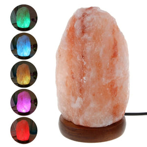 Lampe de sel de l'Himalaya naturelle sur socle en bois avec aperçu des couleurs disponibles