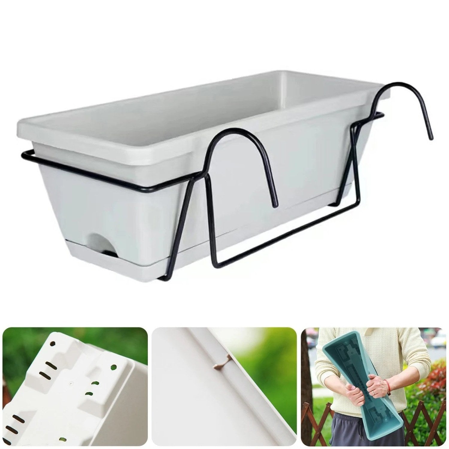 Jardinière de balcon suspendue avec plateau amovible et support - vue 1