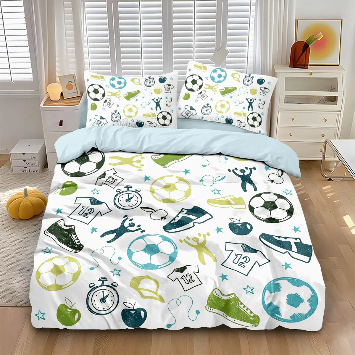 Parure de lit football enfant 3 pièces housse de couette taie vue complete du produit sur fond neutre