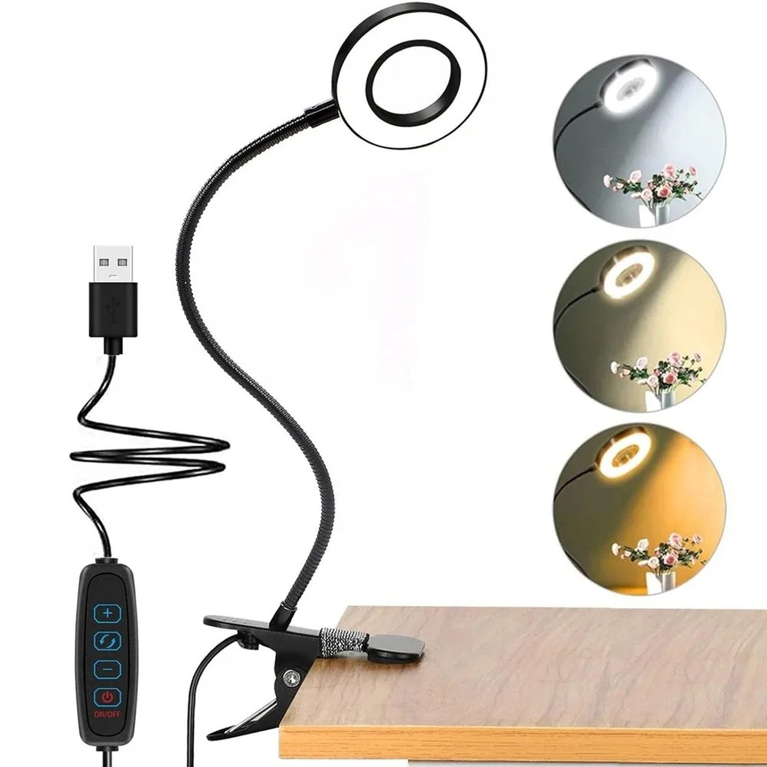 Lampe pince noire avec panneau LED circulaire clipsée sur le bord d'un bureau en bois