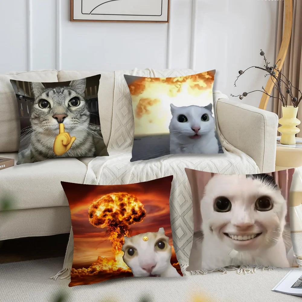 Vue complète de la housse de coussin chat motif imprimé sur tissu beige