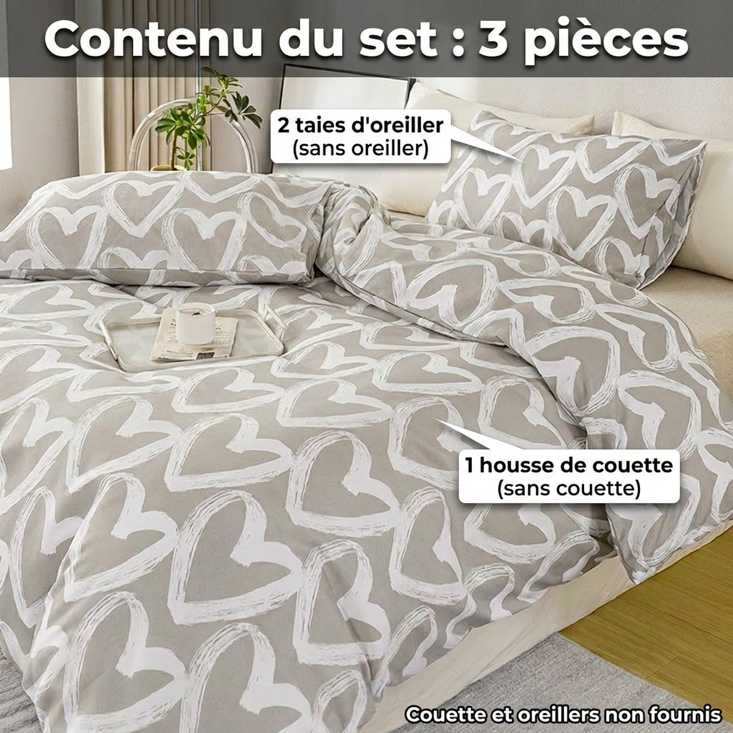 Contenu du set housse de couette avec explication des trois pieces