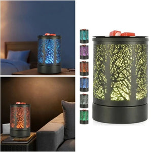 Brûle-parfum électrique dans une chambre avec lumière bleue et dans un salon avec lumière orange