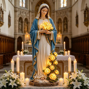Statue de la Vierge Marie dans une église avec bougies et lumières douces