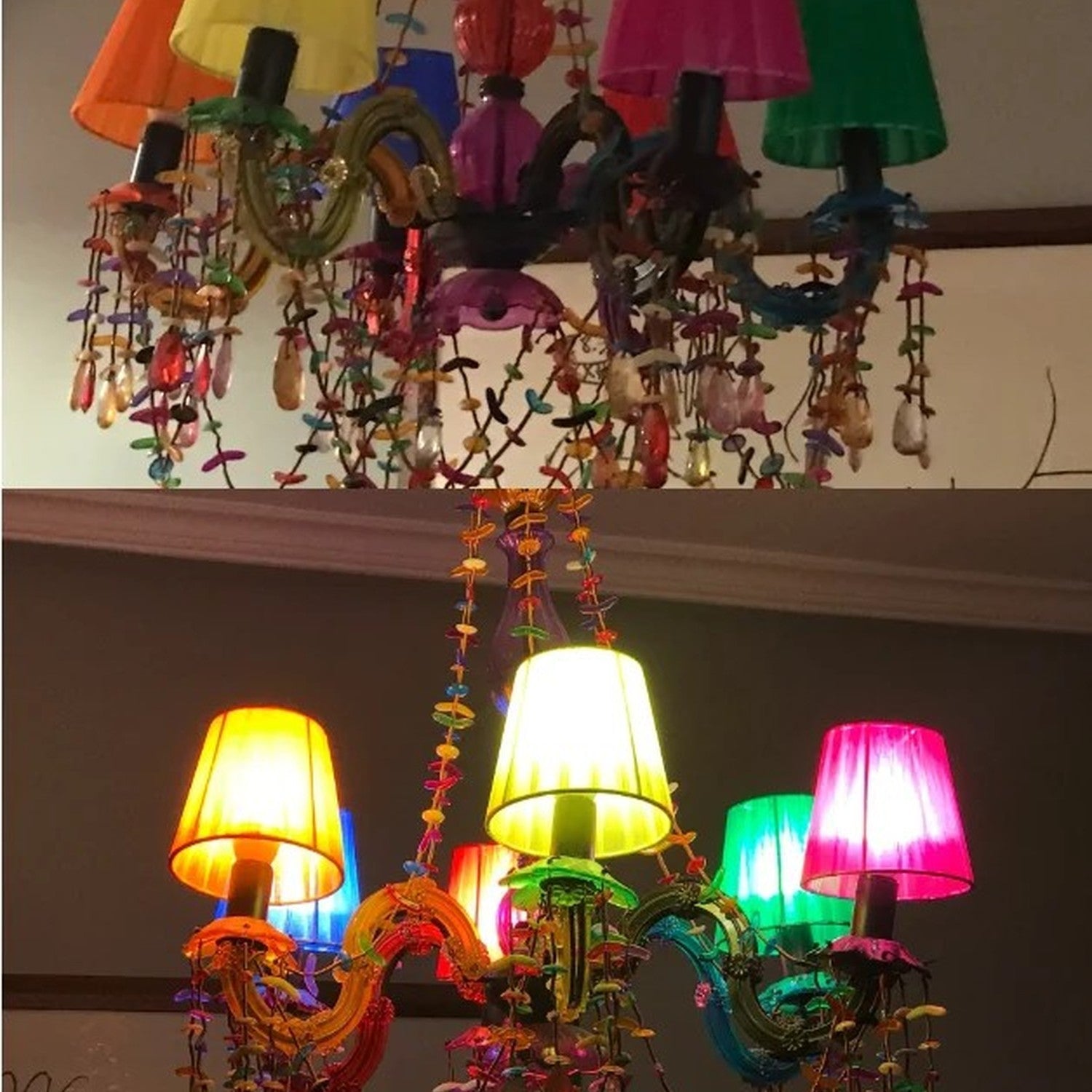 Lustre multicolore avec abat-jours organza plissé clip E14 intérieur allumé