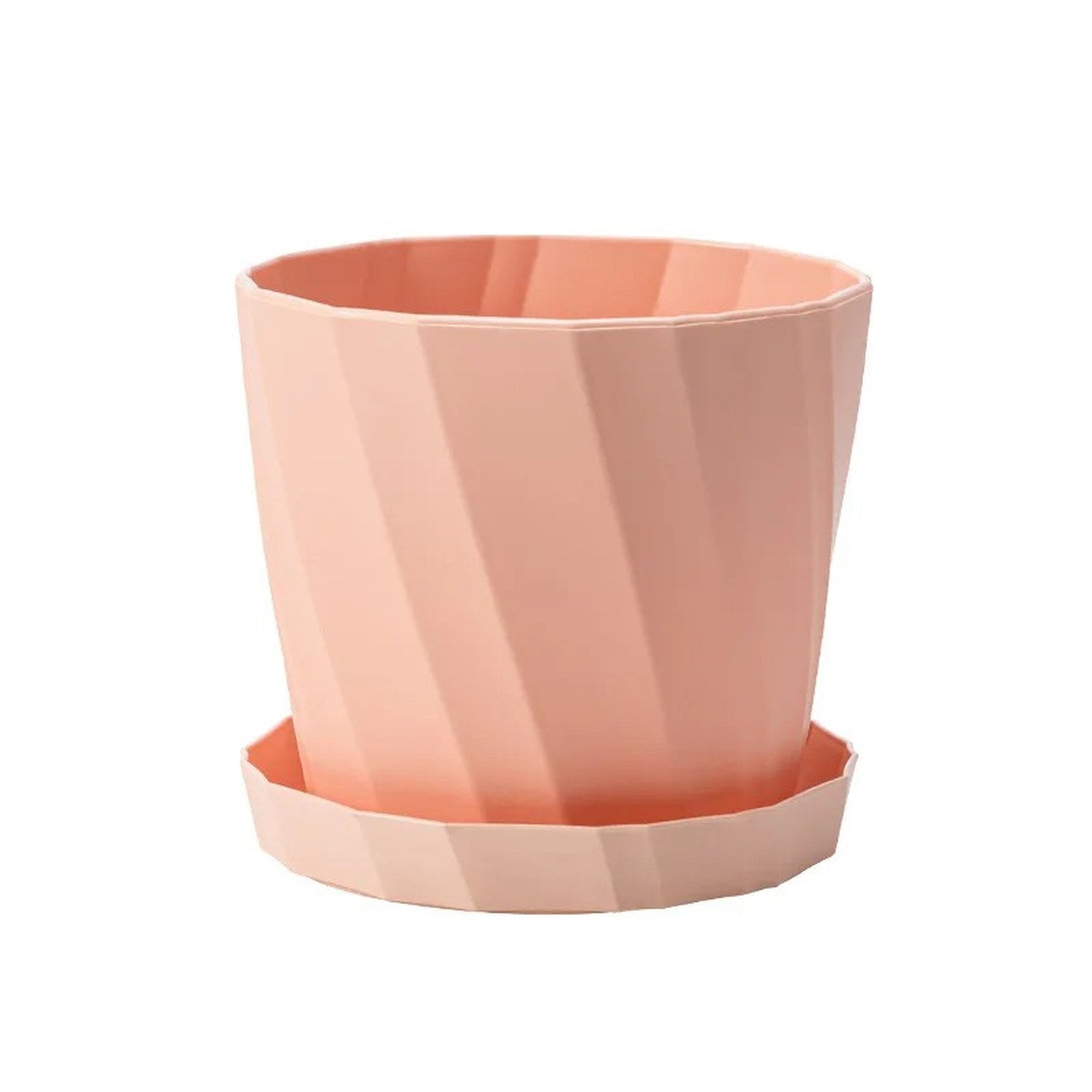 Cache-pot nervuré blanc et rose avec plantes succulentes détail texture