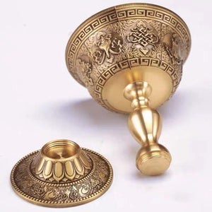 Tasse à bougie tibétaine bronze détail des gravures bouddhistes