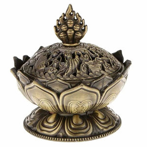 Brûleur encens bouddha bronze détail pétales fleur sculpté