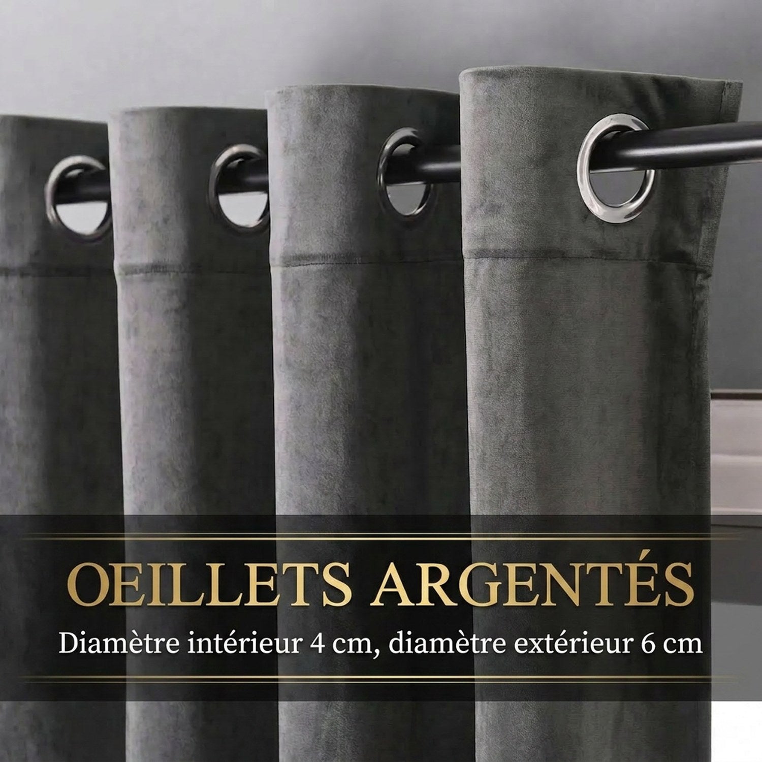 Détail des œillets argentés du rideau en velours gris