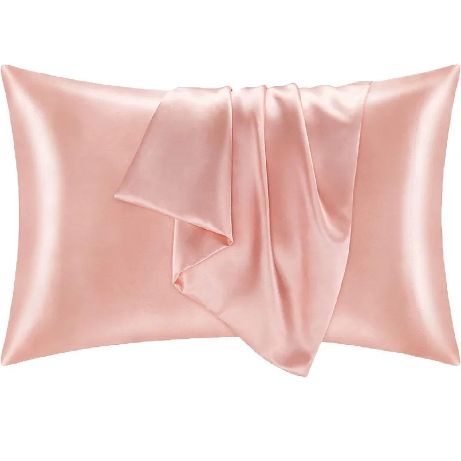 Taie d'oreiller satin rose vue de face avec plis soyeux