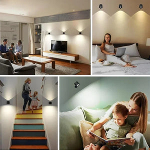 Applique murale au dessus d'un lit et dans un salon avec escalier