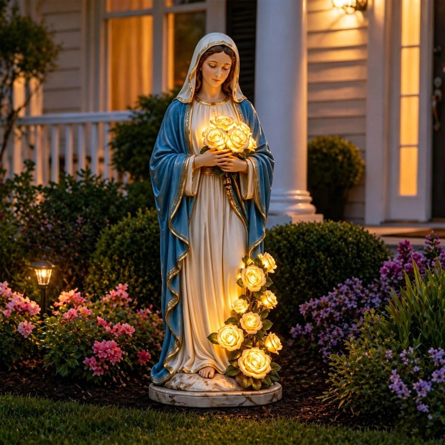 Statue Vierge Marie dans un jardin fleuri près d'une maison en soirée