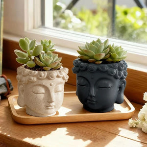 Pot de fleurs bouddha beige sur fond extérieur, plante cascade