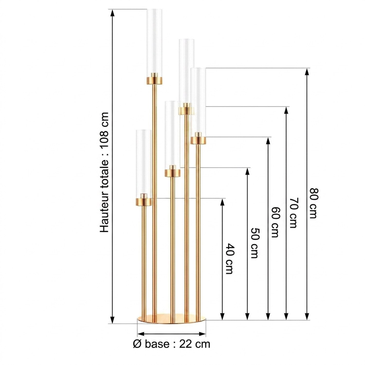 Dimensions candélabre doré - hauteur totale 108cm, bras de 40 à 80cm