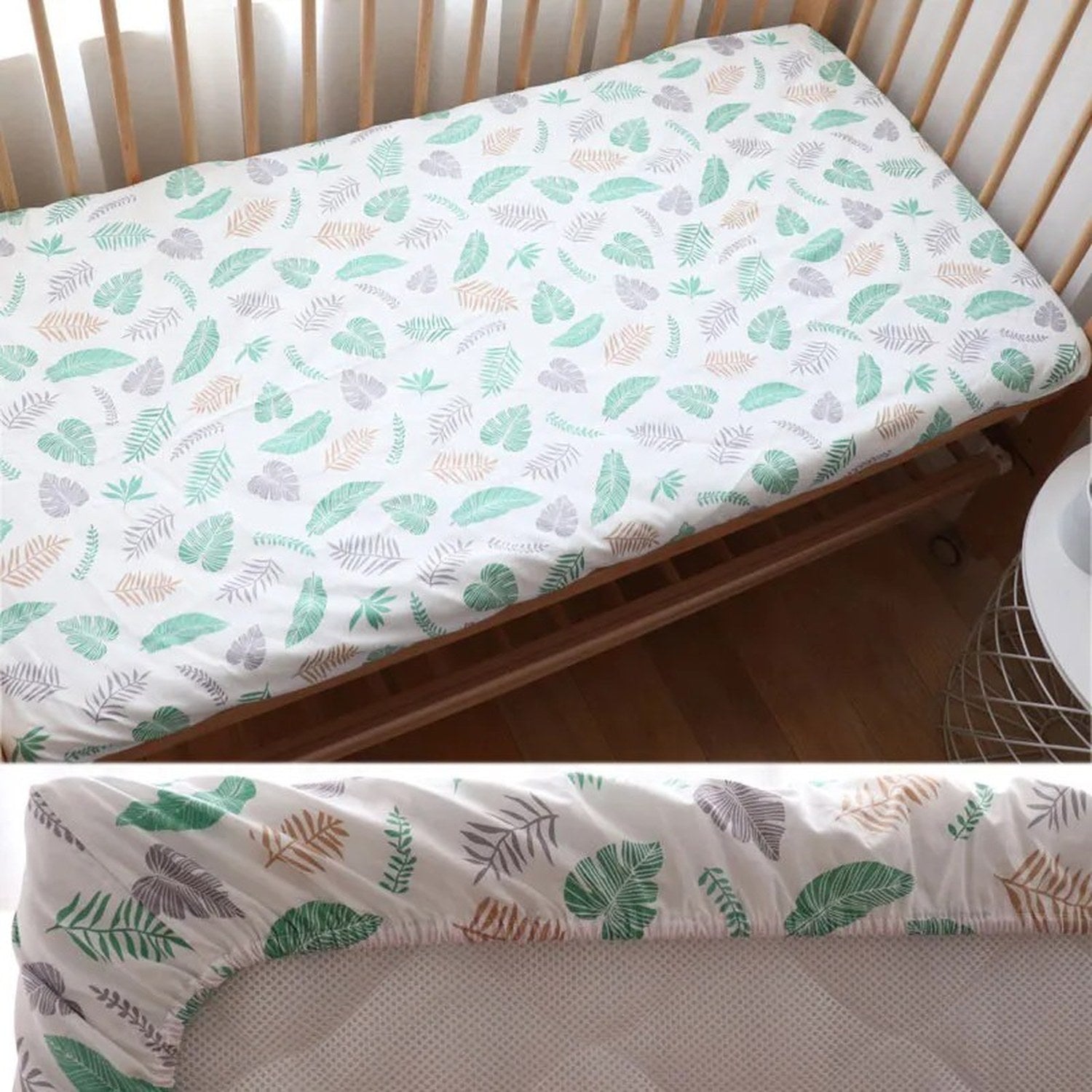 Vue rapprochée du drap housse bébé motif feuilles vertes sur un matelas de berceau
